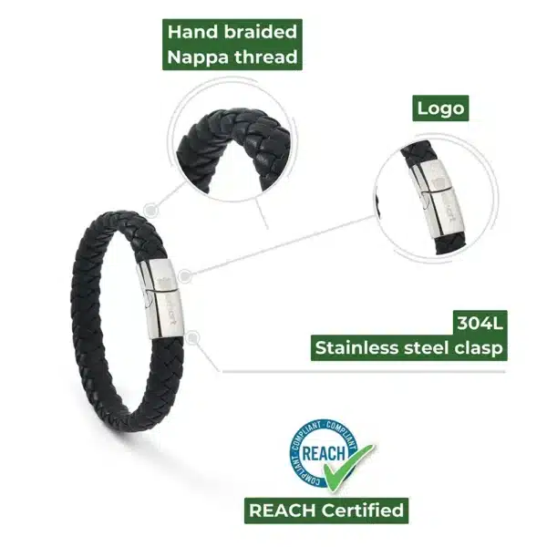 DEZHART hand-braided black Nappa thread bracelet with a 304L stainless steel clasp, certified by REACH under SITL Enterprise LLC.”