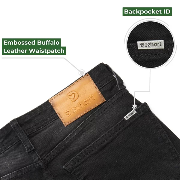 DEZHART jeans featuring an embossed buffalo leather waistpatch and a unique backpocket ID, crafted for style and trust.”
