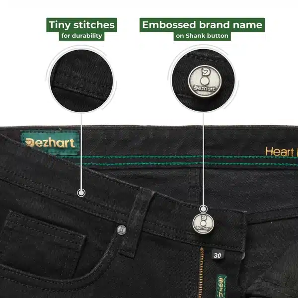 DEZHART black jeans detailed with tiny stitches for durability, an embossed brand name on the shank button, and a green label showcasing the SITL Enterprise LLC’s commitment to quality.