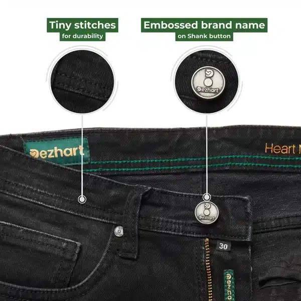 DEZHART jeans by SITL Enterprise LLC, featuring detailed stitching and an embossed brand name on the shank button.