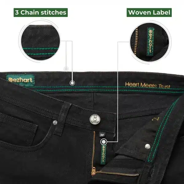 DEZHART black jeans with signature green stitching and ‘where heart meets trust’ tagline by SITL Enterprise LLC.