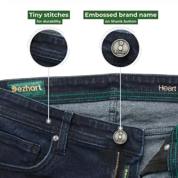 “DEZHART jeans by SITL Enterprise LLC, featuring detailed stitching and an embossed brand name on the shank button.”