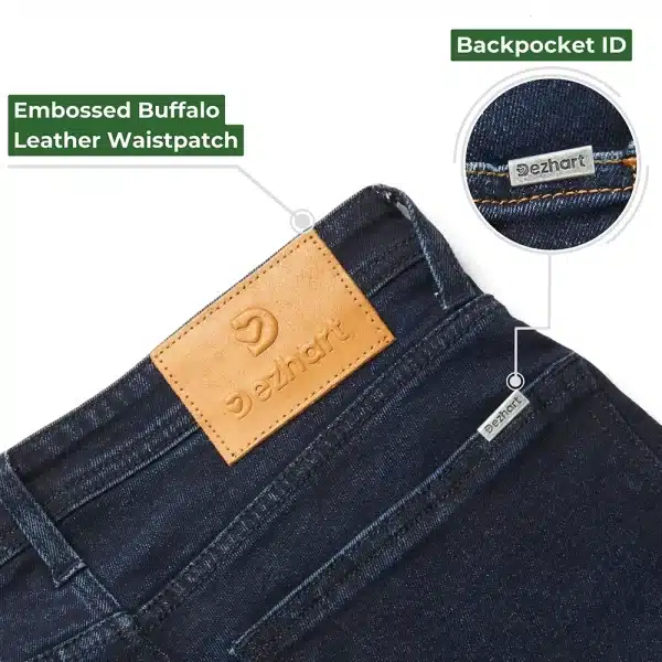 DEZHART jeans with embossed buffalo leather waist patch, by SITL Enterprise LLC.”