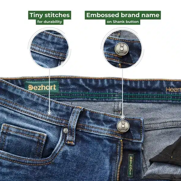 Stylish DEZHART Blue jeans by SITL Enterprise LLC, featuring the tagline ‘where heart meets trust’ and distinguished green stitching.”