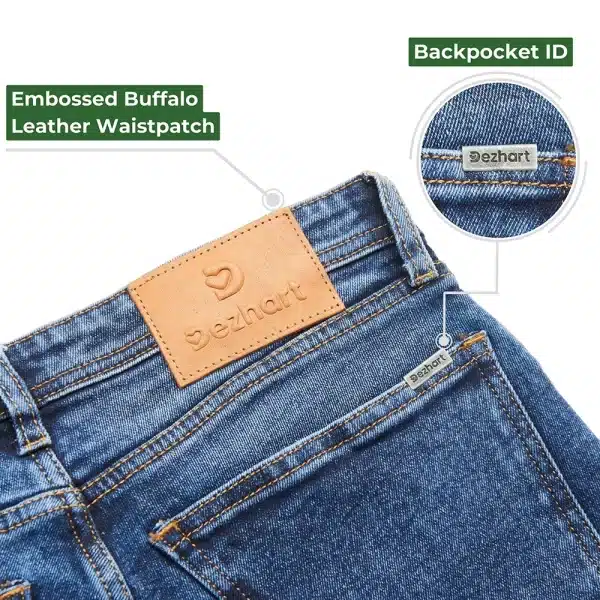 DEZHART Blue jeans with embossed buffalo leather waist patch, by SITL Enterprise LLC.”