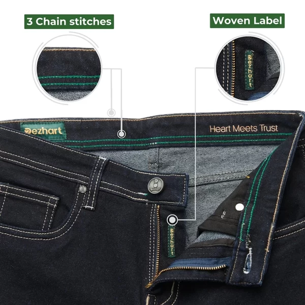 “DEZHART jeans by SITL Enterprise LLC, featuring quality craftsmanship with 3 chain stitches and a woven label.”