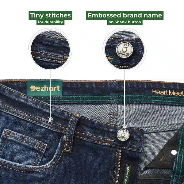 DEZHART branded Sustainable Slim Fit Dark Blue Wash Jeans showcasing detailed tiny stitches for enhanced durability, and an embossed brand name on the shank button, a product of SITL Enterprise LLC.”