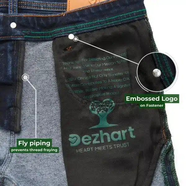 Close-up view of DEZHART jeans, showcasing the quality stitching, embossed logo on the fastener, and the brand’s tagline printed on the inner waistband.”