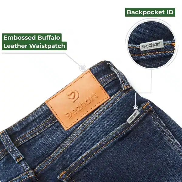 DEZHART Sustainable Slim Fit Dark Blue Wash Jeans featuring an embossed buffalo leather waistpatch and a unique backpocket ID, crafted for style and trust.”