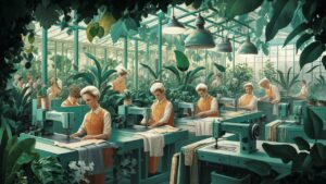 An artistic representation of a clothing factory interior. with women worker